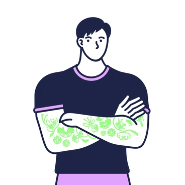 A man stands confidently while showcasing intricate tattoos on his arms and chest. His arms are crossed over his chest, revealing complex designs that intertwine with his skin. The tattoos feature a variety of elements such as floral patterns, abstract shapes, and detailed motifs. He has a strong build, and his skin tone provides contrast to the tattoos. He is wearing a fitted black t-shirt that accentuates the artwork on his body. His expression is focused, and he gazes slightly to the side, emphasizing his pride in the tattoos.