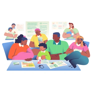 A diverse family consisting of four members is gathered at a community center. They are looking at various colorful brochures displayed on a table. The brochures contain information about family support policies. The family includes a mother with medium skin and curly hair, a father with dark skin and straight hair, and two children, one with light skin and wavy hair and the other with medium skin and braids. Friendly staff members, wearing polo shirts in bright colors, are engaging with the family, answering questions and providing guidance. The background features posters with positive messages about community support, and there are comfortable chairs where other families are also seated, creating a welcoming environment.