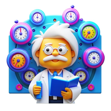 A 3D cartoon professor with white hair and round glasses. He is wearing a lab coat and holding a book in one hand. The time machine, designed in an elaborate and colorful style, has multiple dials and levers. Swirling clocks, with vibrant colors and varying sizes, are floating around him, creating a dynamic sense of movement. The setting features a futuristic laboratory with various gadgets and scientific equipment.