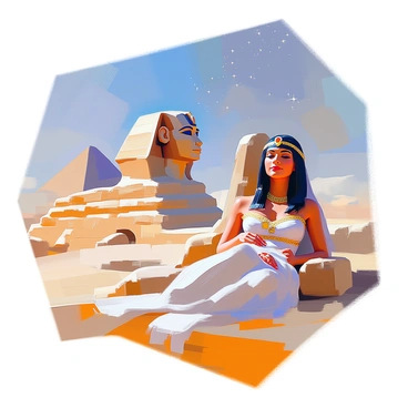 Cleopatra, a regal figure with dark hair adorned in a golden headdress, is reclining gracefully beside the Great Sphinx of Giza. She is dressed in an elegant gown made of flowing fabric, intricately decorated with patterns. The Sphinx, with its stoic expression and massive stone body, looms beside her under a clear night sky. The stars twinkle brightly above, casting a gentle glow on the scene. Cleopatra’s eyes are closed, and a slight smile graces her lips as she dreams amidst this iconic landscape. The sand around her is slightly disturbed as if she has just settled down for a moment of peace.