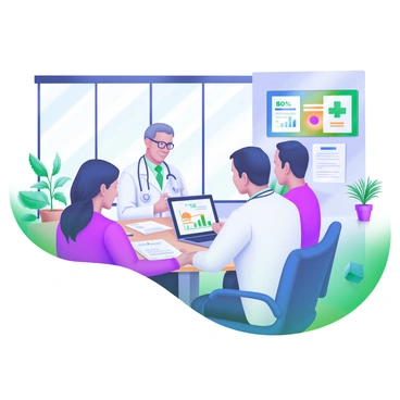 A modern pastel illustration depicting a group of doctors and officials engaged in a discussion about healthcare policies. The setting is a brightly lit, federally funded clinic with large windows allowing natural light to pour in. In the center, a round table is filled with documents and a laptop. The doctors are wearing white lab coats, while the officials are dressed in business attire. One doctor points to a chart on the laptop, while others listen attentively. A bulletin board in the background displays healthcare statistics and a poster on community health. Various plants are placed around the room, adding a touch of greenery.