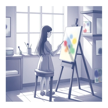 A girl with long, flowing hair is painting at an easel in a bright art studio. She wears a simple dress and is focused on her canvas, which displays colorful strokes of paint. Sunlight streams through large windows, casting soft shadows across the studio. The walls are adorned with various artworks and shelves that hold art supplies and brushes. A wooden floor adds warmth to the space. The atmosphere is lively, filled with creativity and inspiration.
