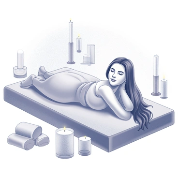 A plus-sized woman is lying on a comfortable spa bed, wearing a soothing face mask. She has long hair that is neatly tied back, exposing her relaxed features. Surrounding her are several lit candles of various heights, casting soft shadows and creating a tranquil atmosphere. The spa environment includes a few plush towels folded neatly nearby, and the walls are adorned with elegant decorations, enhancing the sense of luxury. The woman appears peaceful and content in this serene setting.