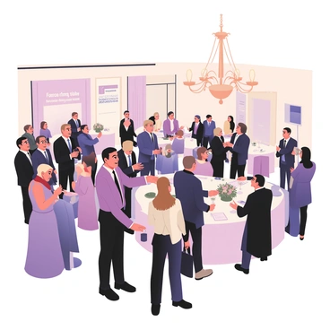 A digital flat illustration depicting a lavish fundraising gala for private equity. The scene features an elegant ballroom filled with guests in formal attire. Men in tailored suits with ties and women in long evening gowns are engaging in conversation and networking. Some guests are holding champagne flutes while others are exchanging business cards. A large chandelier hangs from the ceiling, illuminating the room with warm light. Tables are adorned with white tablecloths, centerpieces of flowers, and elegant place settings. In one corner, a small stage with a podium is set up for speeches, with a banner in the background that reads "Fundraising Gala."