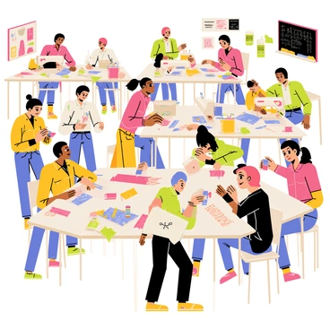 A community sewing workshop filled with several tables where individuals are gathered, each focused on making clothes from repurposed fabric. The room is bright, with colorful bolts of fabric scattered around, showcasing various patterns and textures. People of different ages and backgrounds are engaged in sewing, some using sewing machines while others are hand-stitching. Scissors, pins, and threads of multiple colors are visible on the tables, alongside partially completed garments. There is a sense of collaboration, with some participants sharing tips and ideas, while a chalkboard on the wall displays sewing patterns and instructions. The atmosphere is lively and filled with creativity.