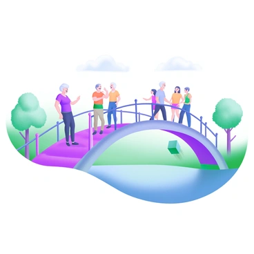 A modern pastel illustration of a bridge elegantly arching across the image. On one side of the bridge stands a group of older adults, engaged in conversation and laughter, showcasing their wisdom. On the opposite side, a group of young people is seen crossing the bridge, full of energy and curiosity. The background features softly blurred trees and a gentle sky, emphasizing the connection between the two generations. The bridge itself is adorned with subtle decorative elements that signify unity and progress.