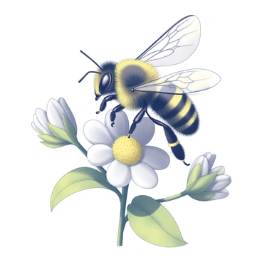 A bumblebee with fuzzy black and yellow stripes is perched on a flower. Its legs are adorned with full pollen baskets, bulging with bright yellow pollen. The wings are semi-transparent and slightly spread, showing intricate veining. The bee is surrounded by several blossoms, with some petals gently bending under its weight. Bright green leaves frame the scene, providing a natural setting for the insect's foraging activity.