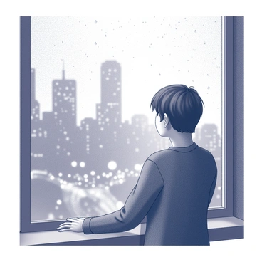 A person stands by a window, gazing thoughtfully at the cityscape outside. The window shows droplets of rain cascading down the glass, creating a blurred effect on the bustling city below. The person, wearing a cozy sweater, has their hands resting on the window sill. In the background, tall buildings and streetlights can be seen, partially obscured by the rain. The atmosphere is filled with a sense of contemplation as the person observes the lively scene despite the dreary weather.