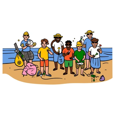 A diverse group of volunteers is gathered on a sandy beach, actively picking up trash. There are men and women of various skin tones, some with sun hats and sunglasses. Each person is wearing casual summer clothing, such as t-shirts, shorts, and flip-flops. They are holding bags filled with collected litter and showing smiles on their faces, reflecting their satisfaction with their efforts. In the background, there are gentle waves lapping at the shore and a clear blue sky, contributing to the sense of community and accomplishment.