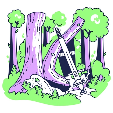 A hidden hideout is nestled among tall trees in a dense forest. The hideout features a small wooden structure, camouflaged with branches and leaves. In front of the hideout, there is a large tree trunk, rough and textured, with a sword resting against it. The sword has a simple design with intricate details on the hilt. Surrounding the area are patches of underbrush and ferns, adding to the secluded atmosphere of the location. Dappled sunlight filters through the leaves, casting soft shadows on the forest floor.