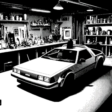 A cluttered garage workshop is filled with various tools and equipment scattered around. There are wooden workbenches covered in sawdust and small parts, and shelves lined with jars of screws and nails. In the center of the garage, a sleek time machine is parked, designed with smooth curves and a metallic finish. The time machine has intricate details and glowing elements, contrasting with the chaotic surroundings. Shadows are cast across the floor from hanging light fixtures above, adding depth to the scene.