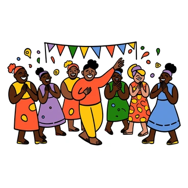 A man named Samson with light skin and short black hair is joyfully dancing at a festival. He is wearing a bright-colored shirt and loose-fitting pants. Around him, several villagers with various skin tones are also dancing, some clapping their hands and others laughing. The villagers are dressed in traditional attire, showcasing vibrant patterns and colors. Colorful decorations and festive banners are visible in the background, adding to the lively atmosphere of the celebration.