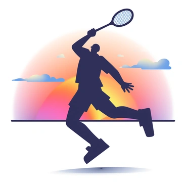 A silhouette of a badminton player is depicted mid-air, performing a jump smash. The player is captured in a dynamic pose, with their racket raised high and their body angled forward. The background features a vibrant sunset with deep orange and purple hues blending seamlessly. The sun is partially visible at the horizon, casting a warm glow. There are wispy clouds scattered across the sky, enhancing the dramatic effect of the scene. The ground below is a dark outline, contrasting against the colorful sky.