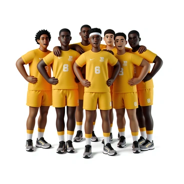 A group of six athletes with diverse backgrounds and physiques stands closely together in a huddle. They are wearing matching sports uniforms, which include bright jerseys and shorts, featuring the team's logo prominently displayed on the front. Each athlete has different hairstyles, with some wearing caps or headbands. Their expressions are focused and determined as they lean in, with their arms resting on each other’s shoulders. The background features a blurred sports field, hinting at an upcoming game, while a light sets an emphasis on the team unity in the center of the huddle.