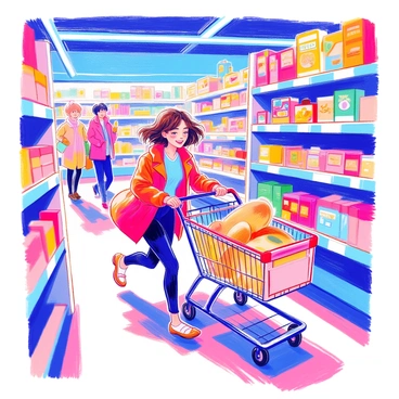 A shopper with short brown hair is dashing through a supermarket aisle. She is wearing a bright red jacket and black leggings. Her shopping cart is filled with various items, including cereal boxes, fruit, and a loaf of bread. The shelves are lined with colorful products, with some items slightly knocked over from her hurried movement. Other shoppers look on in surprise as she races past them. Brightly lit overhead lights illuminate the bustling scene.