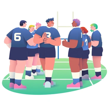 A group of rugby players is gathered in a huddle, focusing intently on their strategy before the game begins. The players are wearing matching dark blue jerseys with white numbers and shorts. Some players have sweat glistening on their foreheads, showcasing their determination. One player, taller and with short black hair, is speaking animatedly while gesturing with his hands. The others are leaning in closely, nodding in agreement. A bright green rugby field is visible beneath them, marked with white lines, and the goalposts can be seen in the background. The atmosphere is tense with anticipation as they prepare for the match ahead.