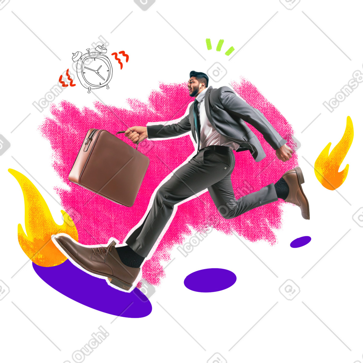 Ilustración Collage de un hombre negocios con traje corriendo para cumplir una fecha límite en estilo Energy a descargar en PNG y SVG