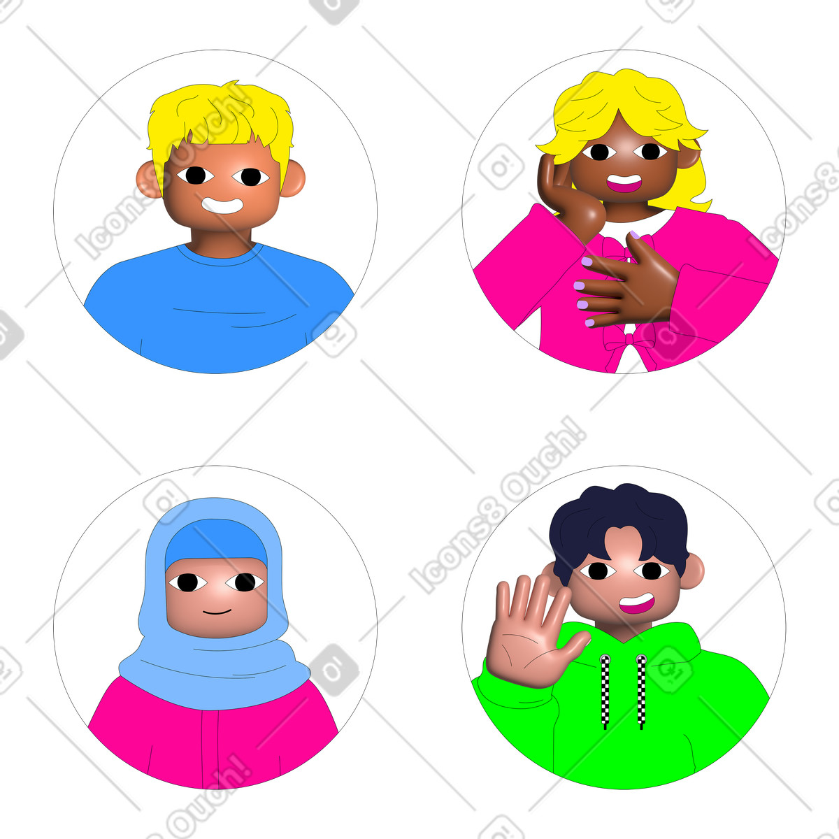 Pop 스타일의 Diverse colorful avatars in round frames, Online identity for social network 일러스트레이션 PNG, SVG 다운로드