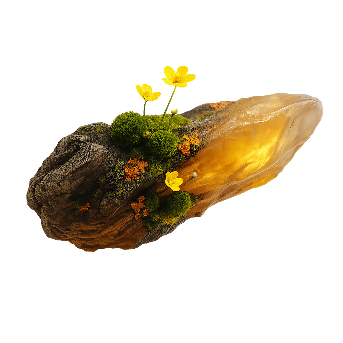 Amber resin log with moss and yellow flowers, Nature decor inspiration illustration in Biomorphic style download in PNG, SVG