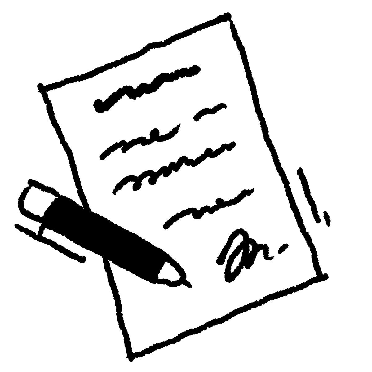 下载 Black Chalk 风格的 Pen signing handwritten contract document with signature and scribbled lines 插画，支持 PNG、SVG 格式