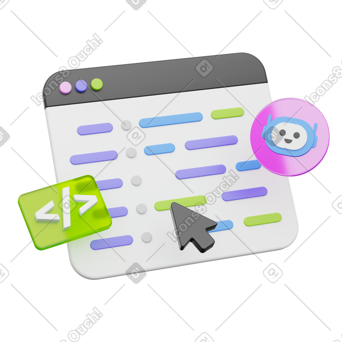 AI coding assistant, Chatbot integration, Smart programming illustration in PNG, SVG