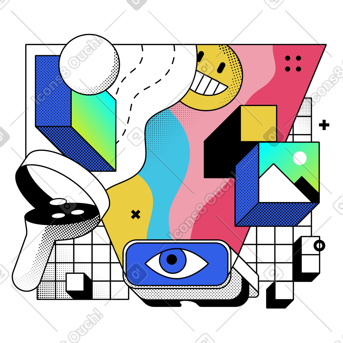 Illustration Jeu vr immersif avec casque dans le style Memphis à télécharger aux formats PNG, SVG