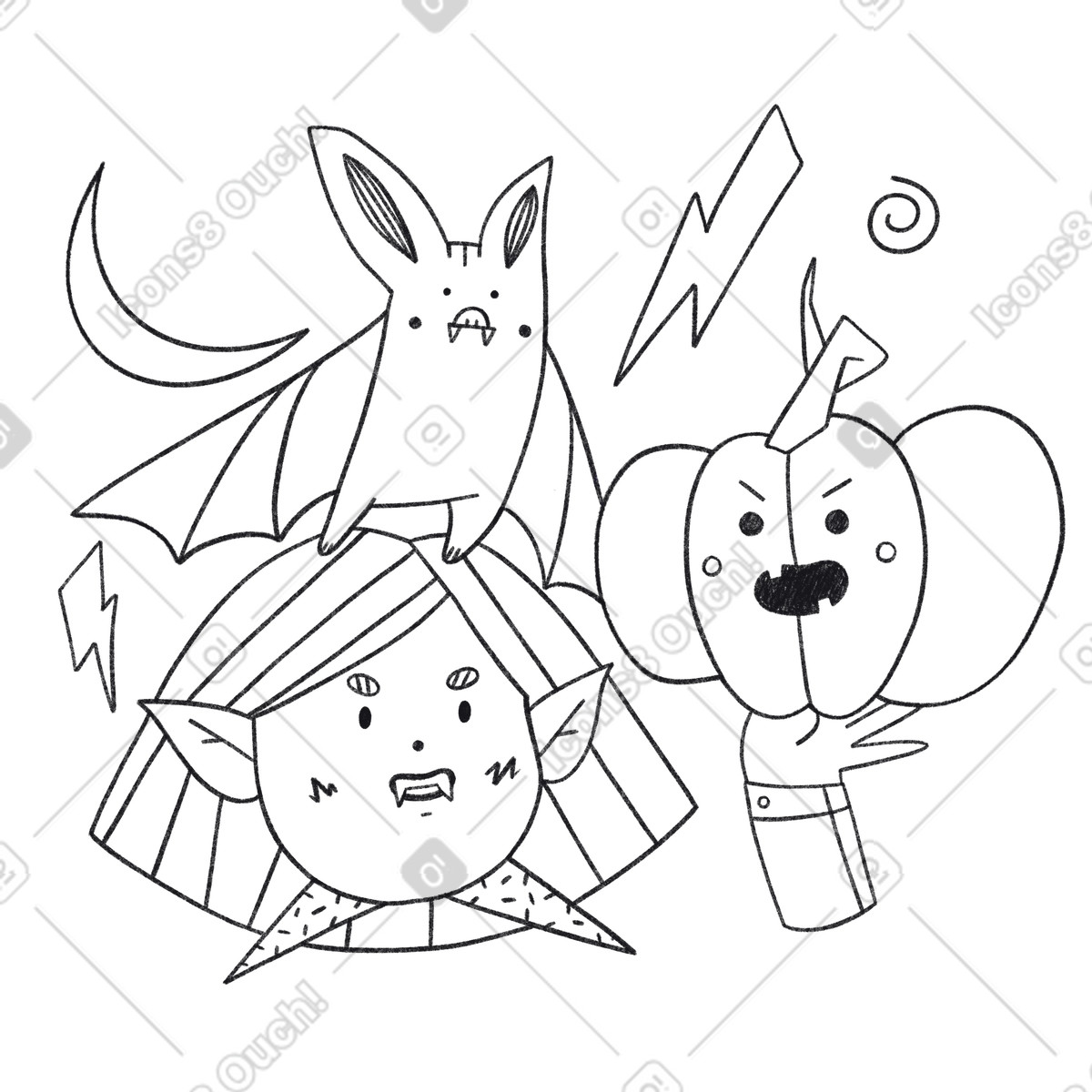 Ilustración Disfraz de murciélago, calabaza y vampiro como atributos halloween en estilo Bonbon Line a descargar en PNG SVG