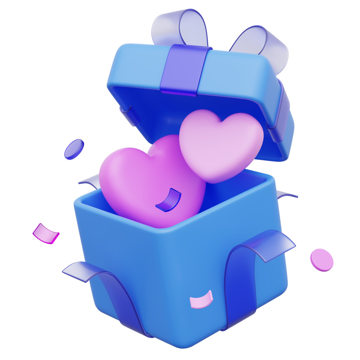 Open gift box with hearts, floating heart icon, celebration symbol illustration in 3D Playful style download in PNG, SVG