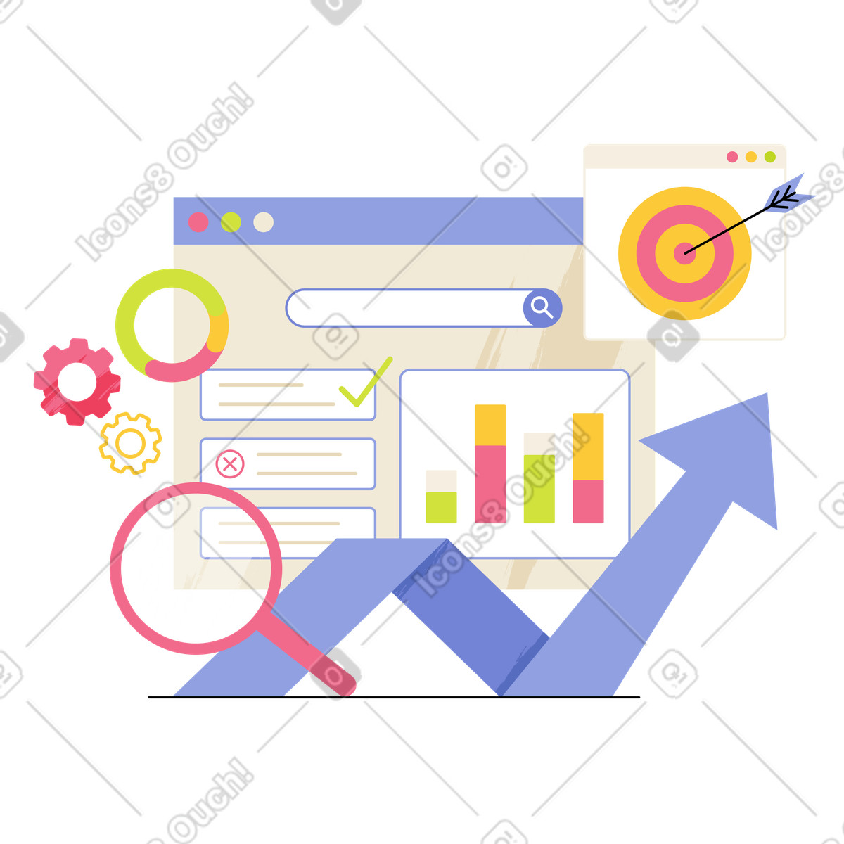 Ilustración Herramientas de optimización y análisis seo en estilo Juicy a descargar en PNG SVG