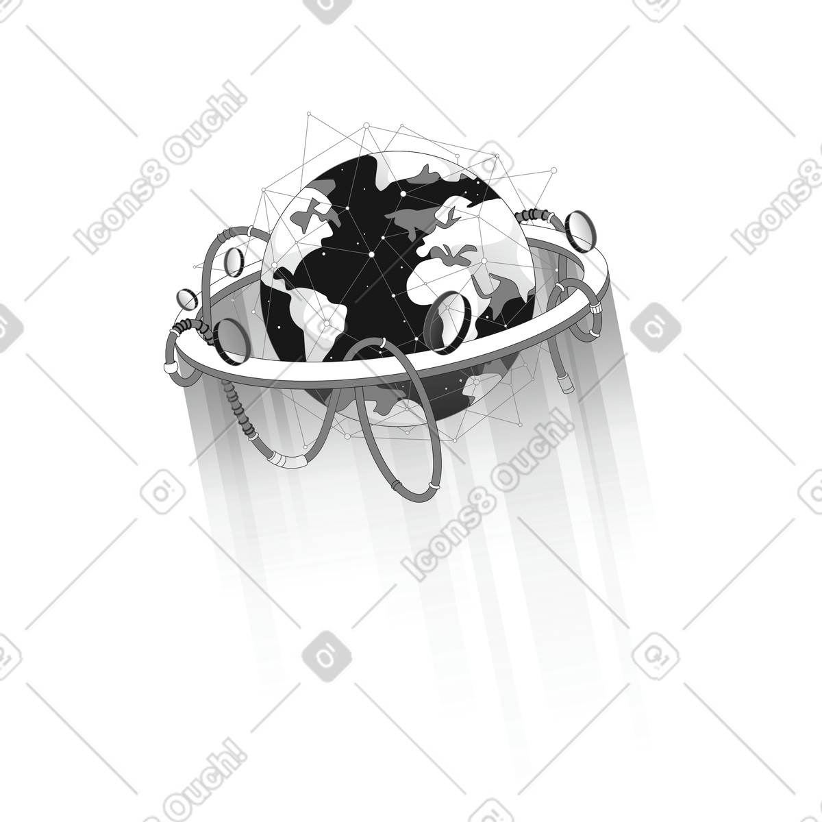 Worldwide data infrastructure surrounding planet Earth for international connectivity illustration in Futuristic style download in PNG, SVG