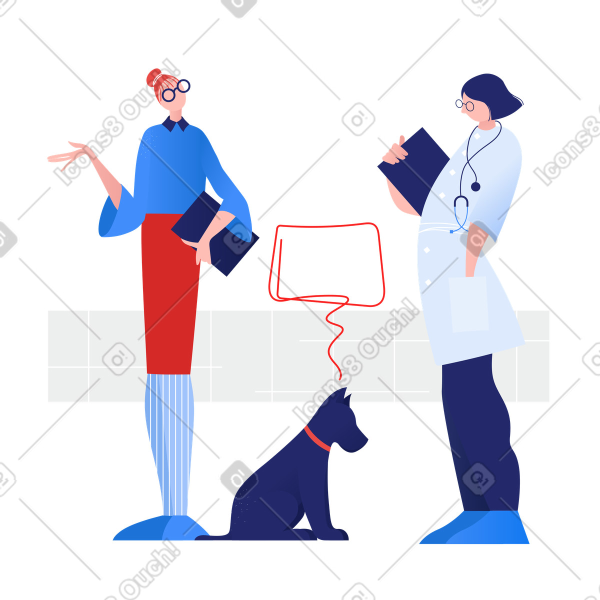 Woman with her dog and animal doctor in vet clinic illustration Clip style download PNG, SVG