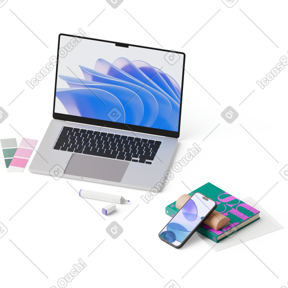 Ilustración Vista isométrica de computadora portátil, teléfono inteligente, paletas colores y marcador en estilo 3D Hygge a descargar en PNG SVG