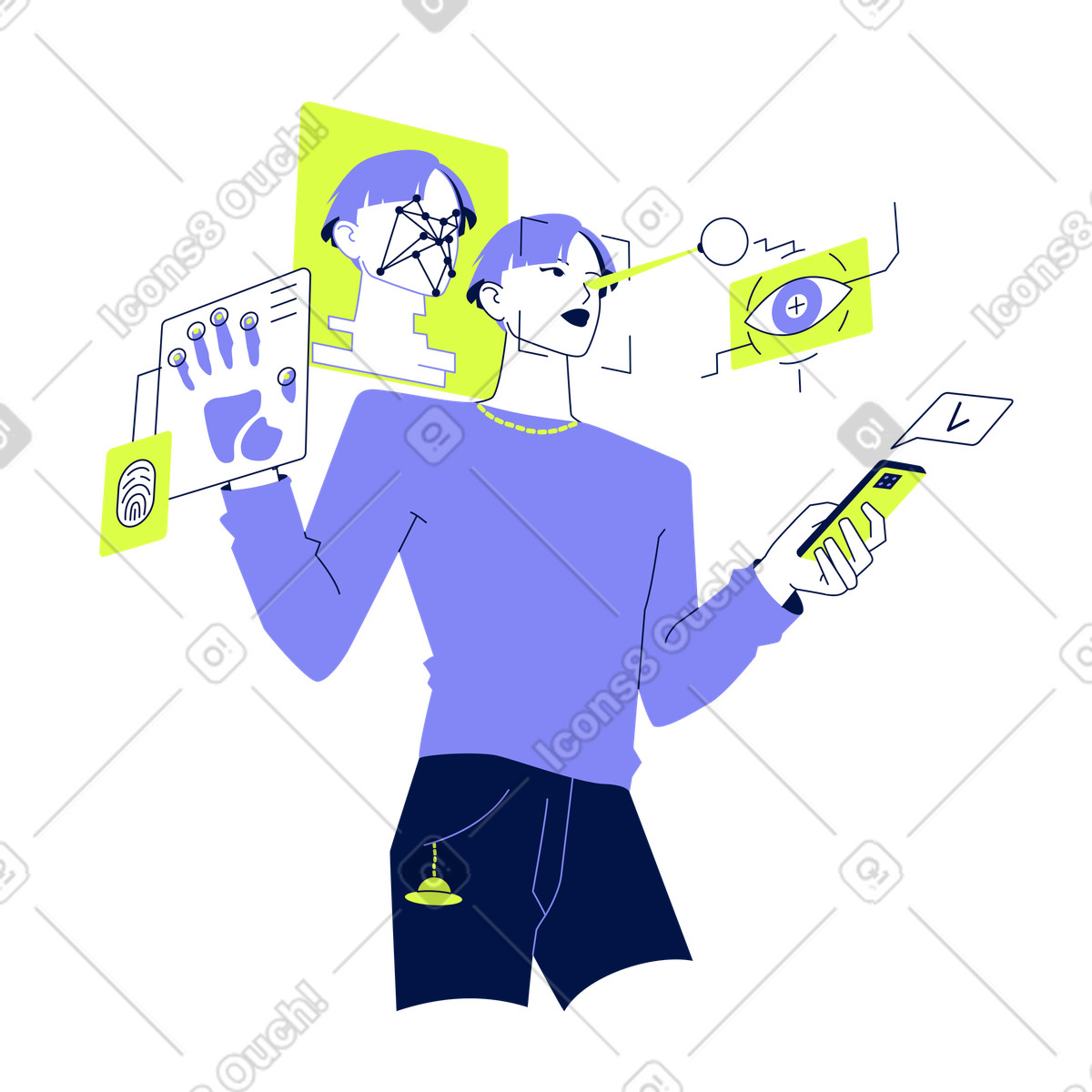 Unlocking device via face recognition, Modern identity verification illustrazione in stile Glow scarica in PNG, SVG