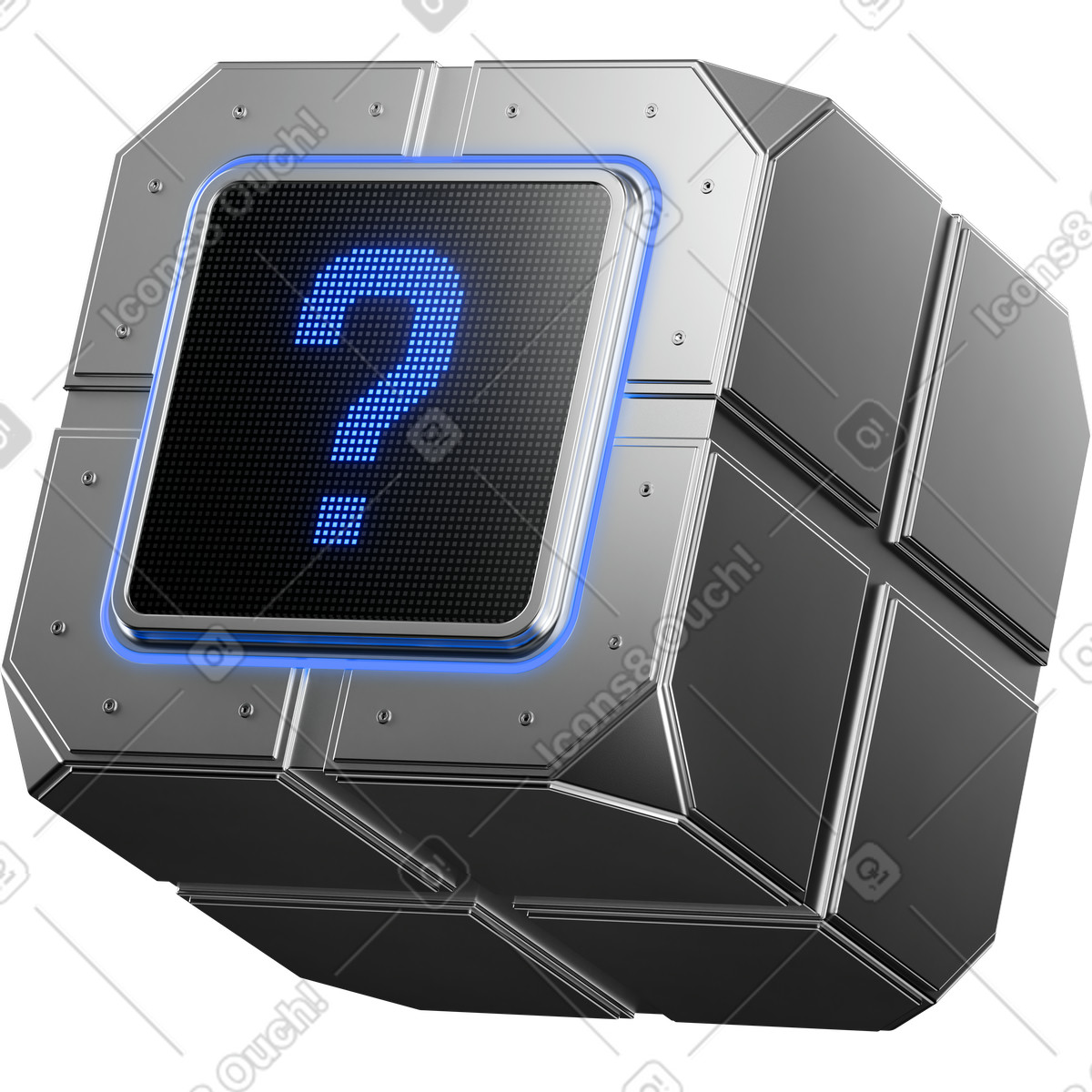 Ilustração de Question mark glowing on metallic cube symbolizing unknown system status em no estilo 3D Pro para baixar em PNG, SVG