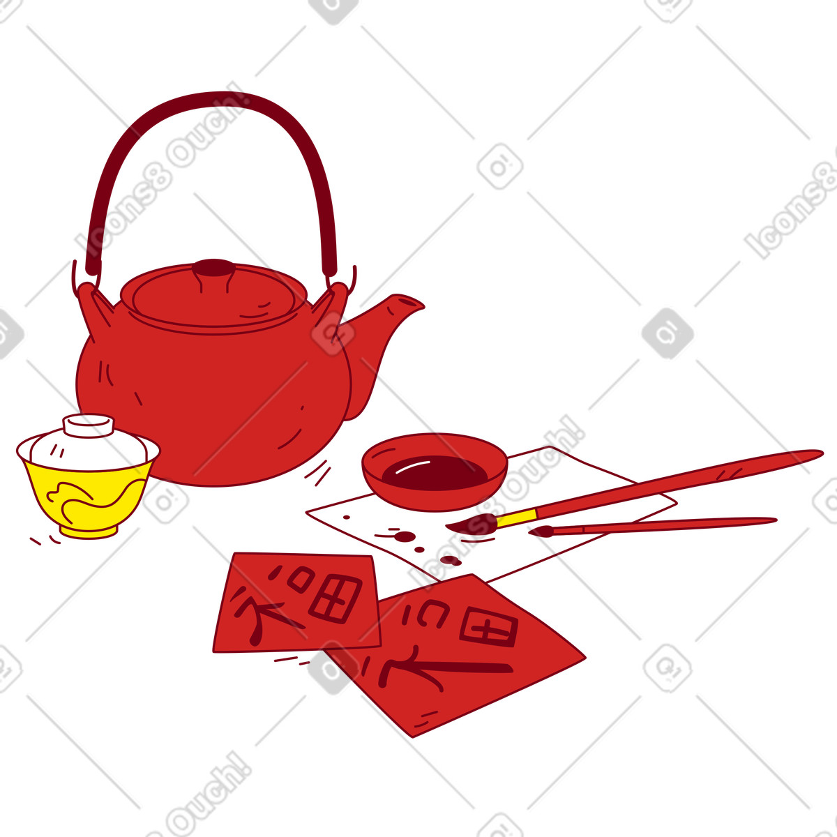 Teiera cinese e pennelli per calligrafia illustrazione in stile Storyline scarica in PNG, SVG