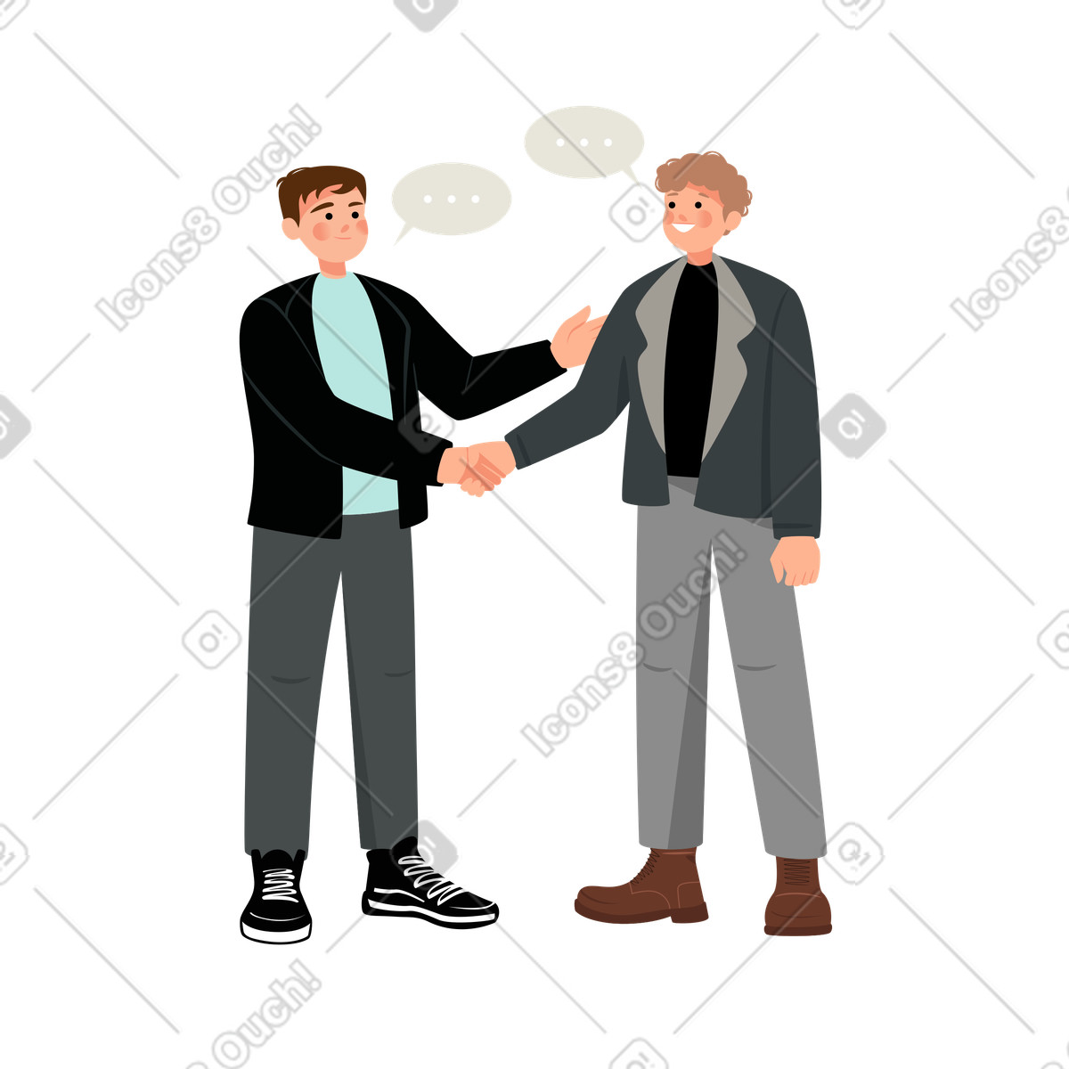 Two guys shaking hands after a deal agreement illustration in Lagom style download in PNG, SVG