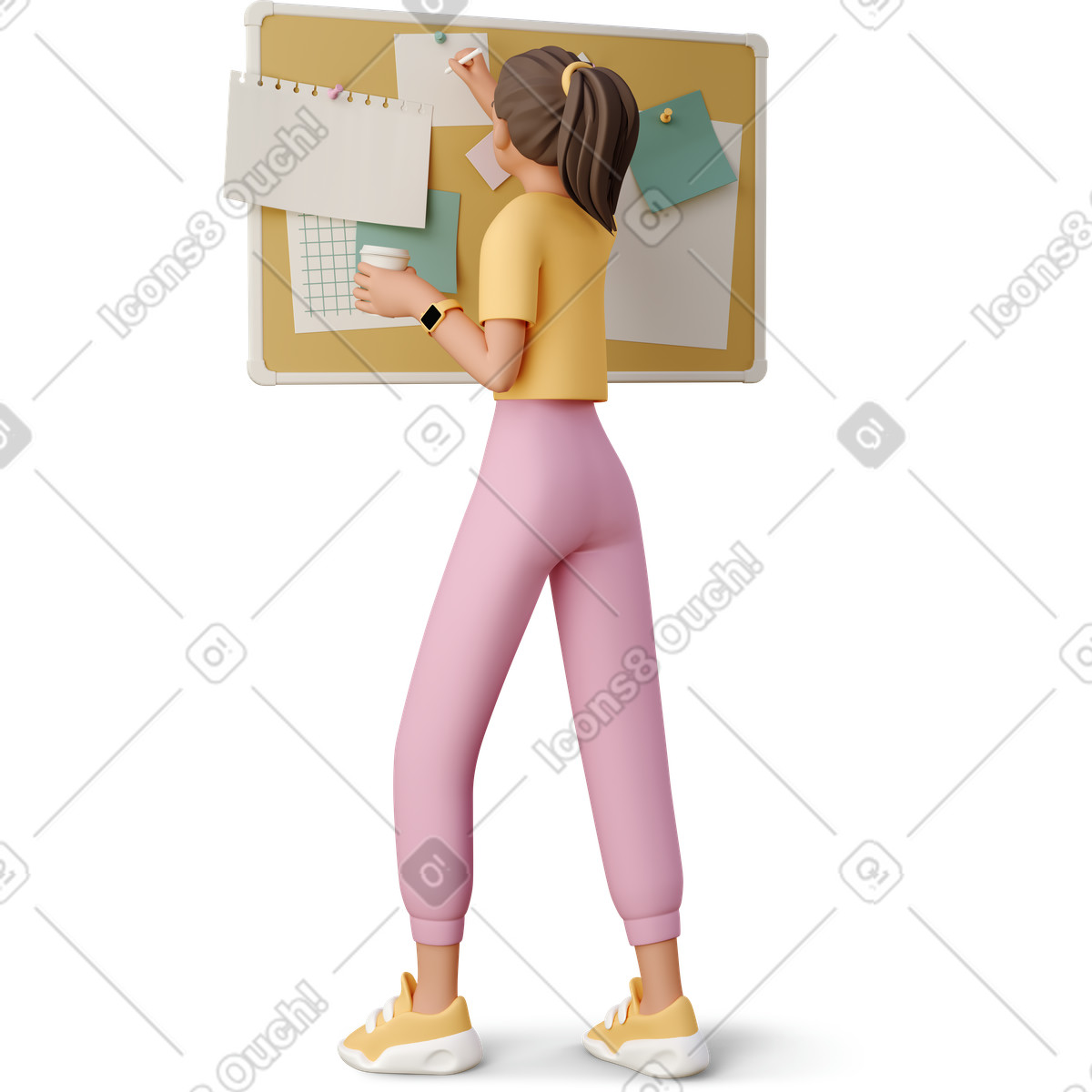 Young woman pinning picture on corkboard-Illustration im 3D Casual life-Stil als Download in PNG, SVG
