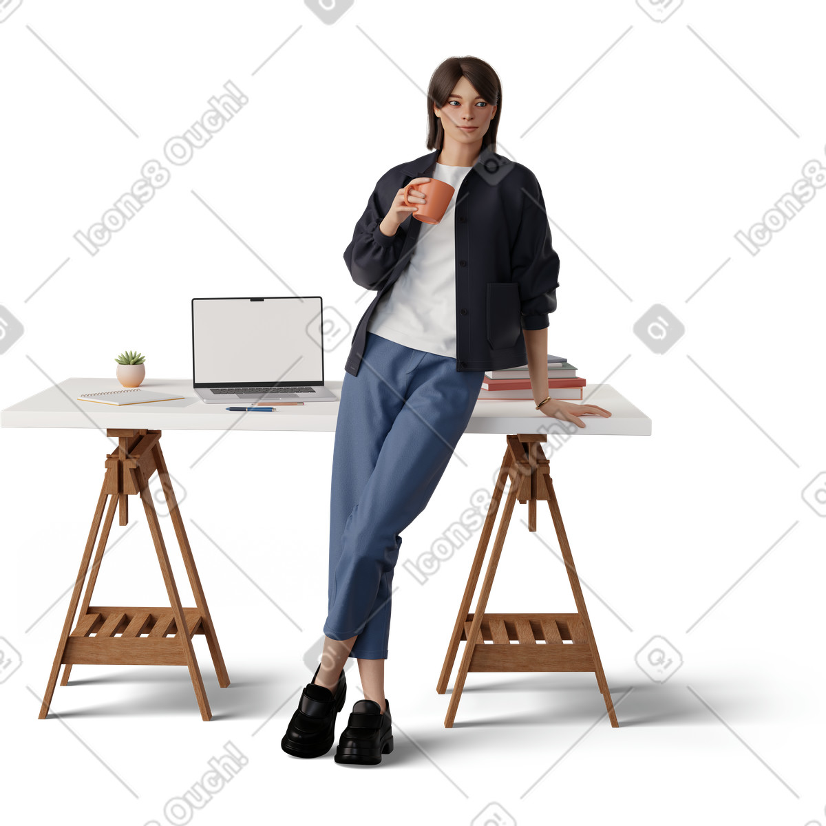 Giovane donna appoggiata sul tavolo illustrazione in stile 3D Hygge scarica in PNG, SVG