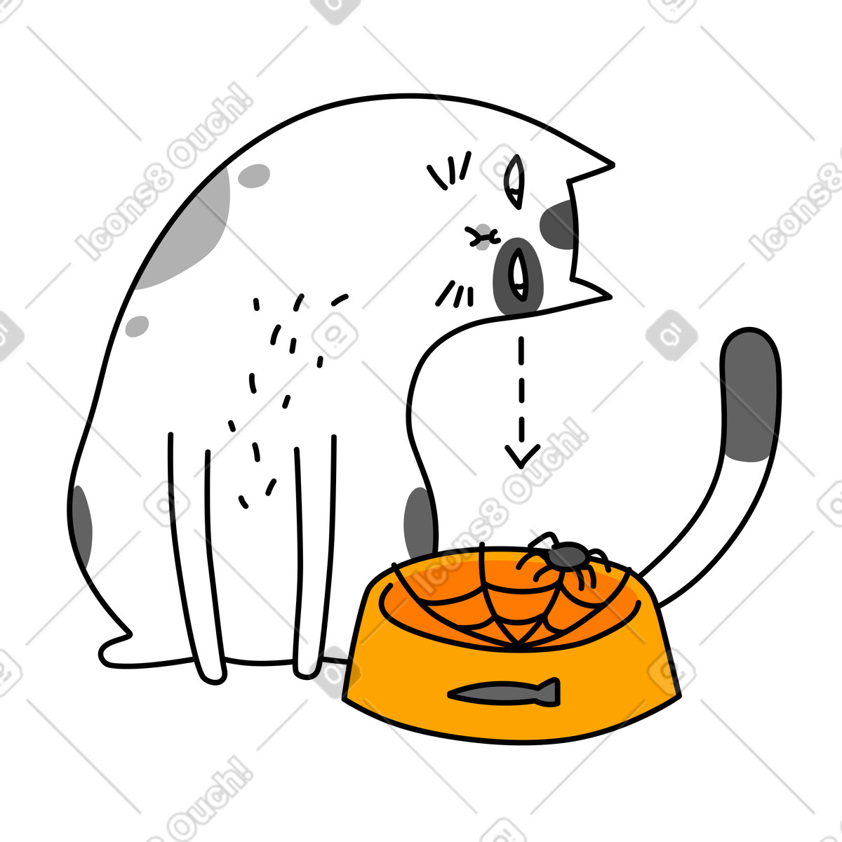Cat looking at empty food bowl with spider web illustrazione in stile Purr scarica in PNG, SVG