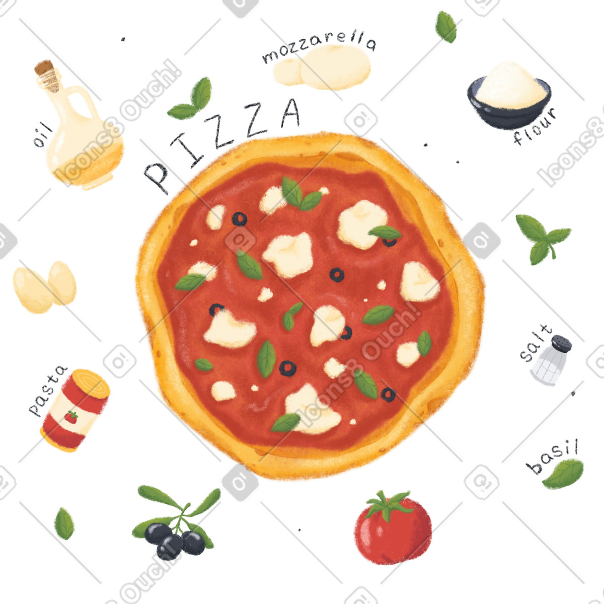Modello pizza, ingredienti per pizza illustrazione in stile Toscana scarica in PNG, SVG