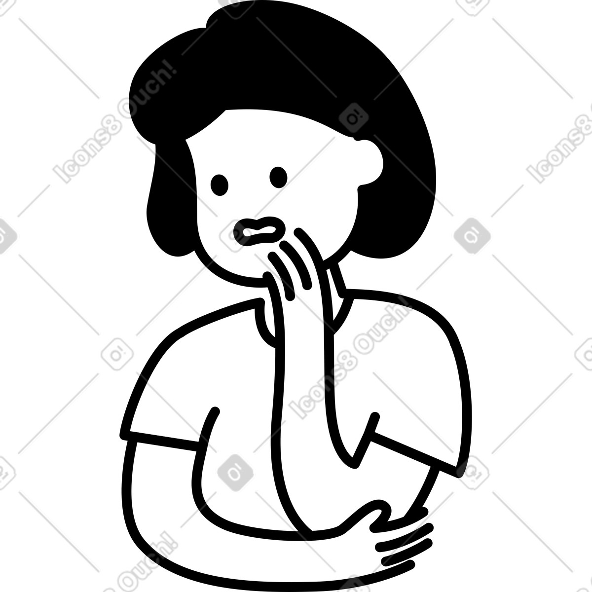 Notion Line Art スタイルの Confusion expression with hand on chin and questioning facial features のイラストをPNG、SVG形式でダウンロード