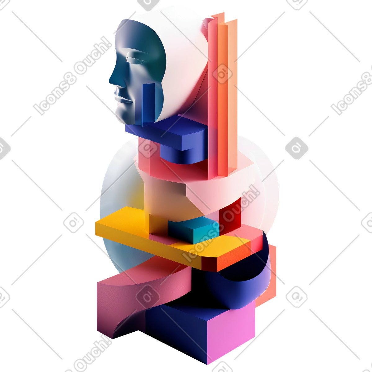 Illustration Silhouette de tête avec des formes abstraites dans le style 3D Construction à télécharger aux formats PNG, SVG