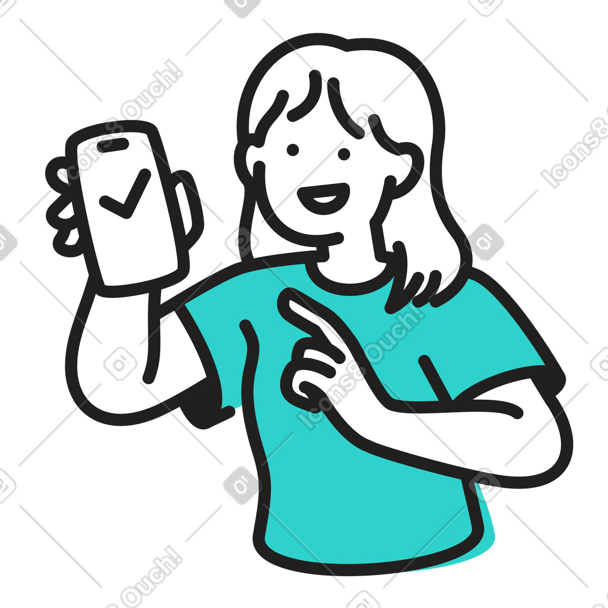 Woman showing mobile phone with check illustration in Little style download in PNG, SVG