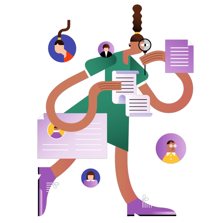 A woman holding documents surrounded by icons - Wavy style illustration