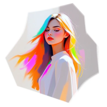 A woman with long, flowing hair that resembles a rainbow, featuring vibrant shades of red, orange, yellow, green, blue, and purple. Her hair cascades down her shoulders and back in soft waves, creating a striking visual effect. She has a serene expression on her face, and her hair catches the light, enhancing the brilliance of the colors. She is wearing a simple, light-colored outfit, allowing the vivid colors of her hair to stand out even more.