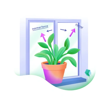 A potted plant with vibrant green leaves sits on a windowsill. The pot is a smooth terracotta color, contrasting with the rich greenery of the plant. Above the plant, several arrows are illustrated in a dynamic fashion, pointing upwards to indicate the "normal force" acting on the plant. The window behind the plant is slightly open, allowing soft light to filter through. The background features a light-colored wall, enhancing the focus on the plant and its physics illustration.