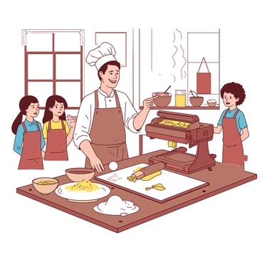 A cheerful chef with a white hat and apron is standing at a wooden kitchen countertop, demonstrating how to make pasta from scratch. In front of the chef, there is a mound of white flour dusted on the surface, and a rolling pin beside a sheet of freshly rolled dough. The chef is holding a piece of the dough with one hand while pointing at a pasta machine with the other. Surrounding the countertop, there are three eager students wearing aprons, watching attentively, with bowls of ingredients such as eggs and semolina arranged neatly on the side. The kitchen is filled with various utensils, pots, and a large window letting in natural light.