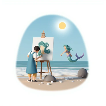 An artist, wearing a blue apron and a white shirt, is intently focused on a canvas set up on an easel. The canvas displays a colorful depiction of a mermaid with flowing green hair and shimmering scales. A mermaid, with a bright tail in shades of turquoise and purple, is curiously peeking at the canvas from the shore. She is partly submerged in the water, with her hands resting on a large rock, and her eyes wide with interest. The shoreline is dotted with seashells and smooth pebbles, while gentle waves lap against the shore. The sun is shining brightly in a clear blue sky, casting soft shadows on the sand.