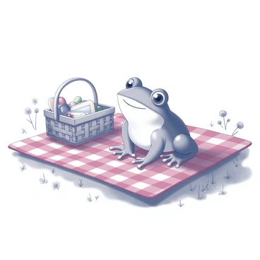 A small frog is sitting on a red-checkered blanket spread across the ground. The frog has large, round eyes and a wide smile, suggesting enjoyment. Next to the frog is a woven picnic basket, partially open, revealing an assortment of snacks such as fruits and sandwiches. Surrounding the blanket are patches of grass and scattered wildflowers, adding to the picnic atmosphere. The scene captures a cheerful moment in nature, emphasizing the frog's relaxed demeanor.