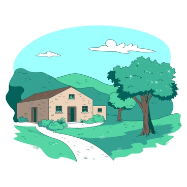 A teal quaint village with stone houses is nestled in the rolling hills of the Jordanian countryside. The houses have rustic wooden doors and small windows framed with flowering plants. In the foreground, there is a dirt path lined with vibrant green grass leading to the houses. A few olive trees are scattered around, casting gentle shadows on the ground. In the distance, a clear blue sky stretches above, with a few fluffy clouds drifting lazily.